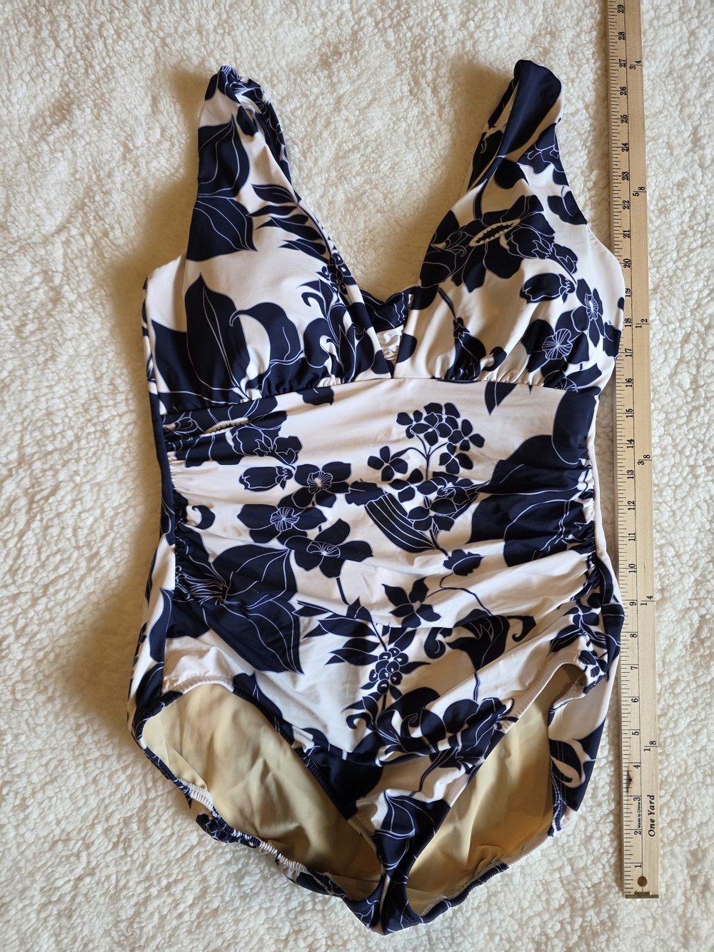 Lands' End Slendersuit Grecian Low Leg Navy and White Floral One-Piece